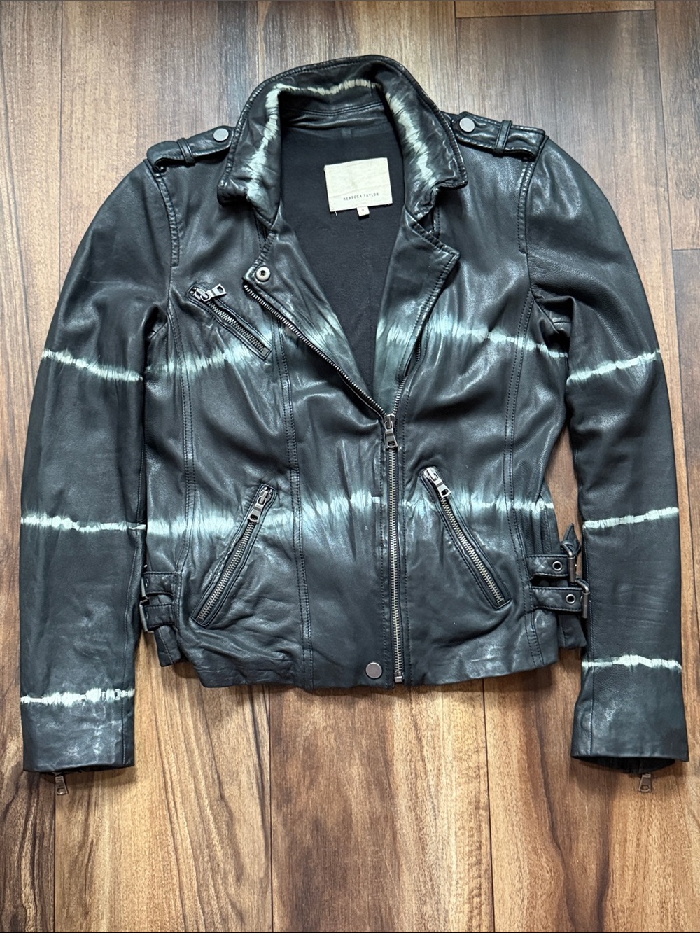 Rebecca Taylor Black Leather Distressed Tie-Dye Moto Jacket Sz 0